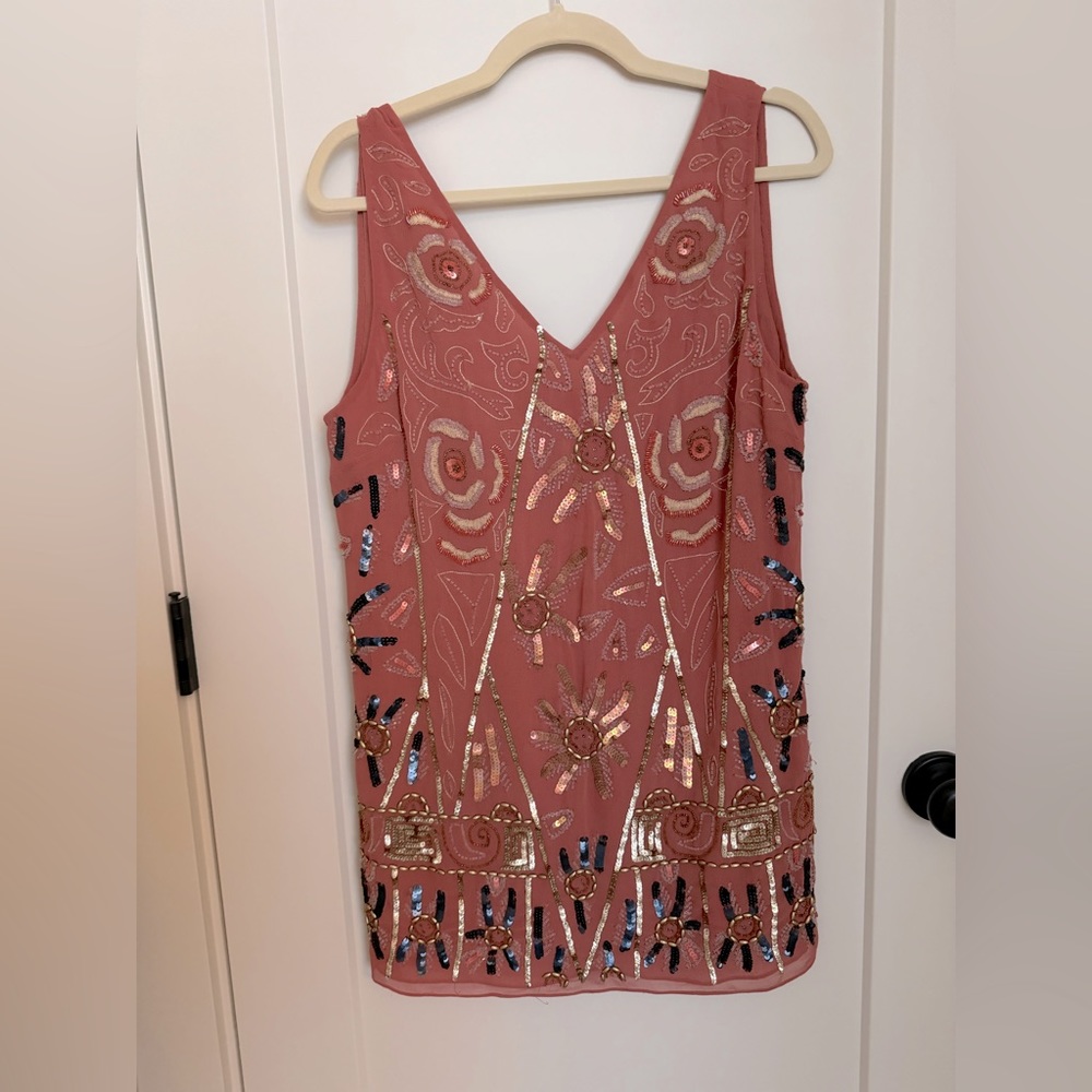 Free People sequin embroidered v-neck mini shift dress, size small